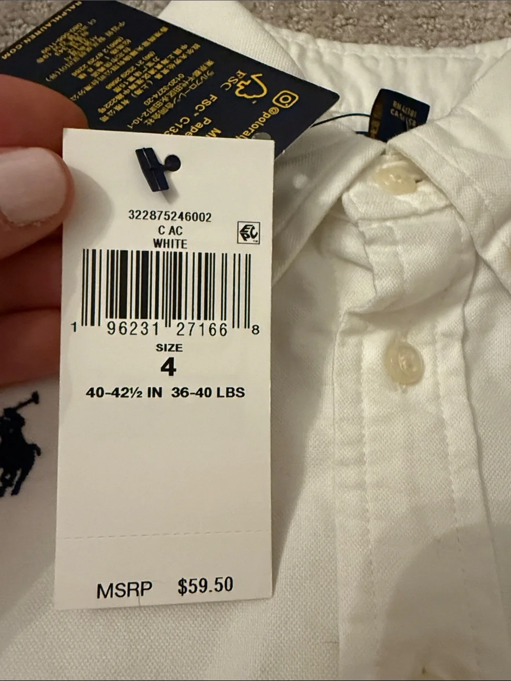 Ralph Lauren White Short-Sleeve Button-Down with Navy Pony Motif
